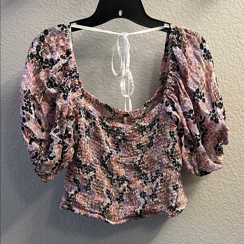 Free People Pink, Purple, Brown, and Black Floral Smocked Blouse Medium